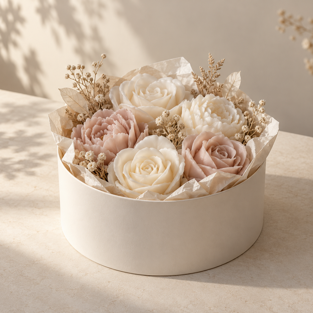 KI-Beispiel: cremefarbene Box mit Wachsblumen, Seidenpapier und Trockenblumen